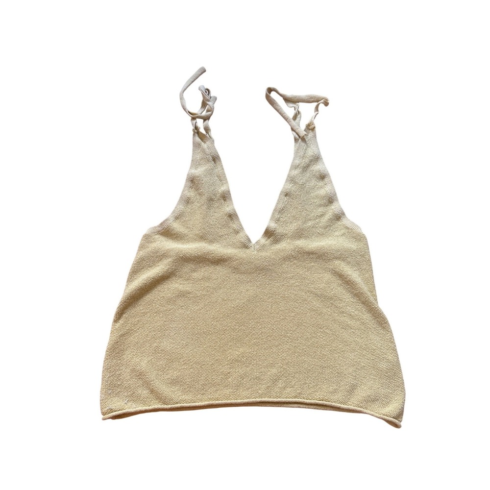 Free People FP Beach Tank Top Women Yellow Knit Boho Tie Strap SIZE S